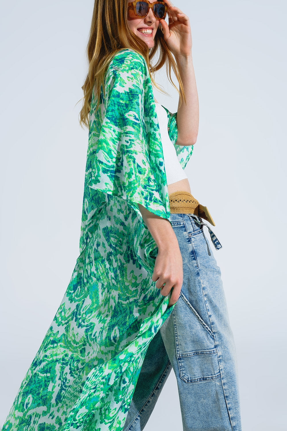 Green Long Kimono With Drawstring Closing in Tribal Print - kimono jacket
