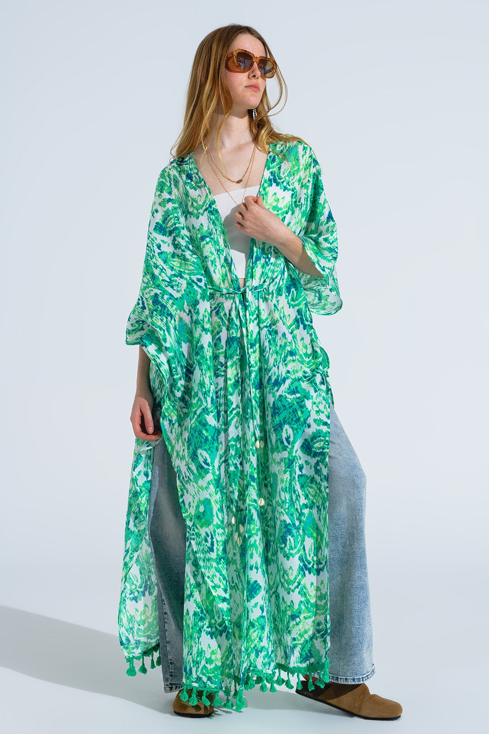 Green Long Kimono With Drawstring Closing in Tribal Print - kimono jacket