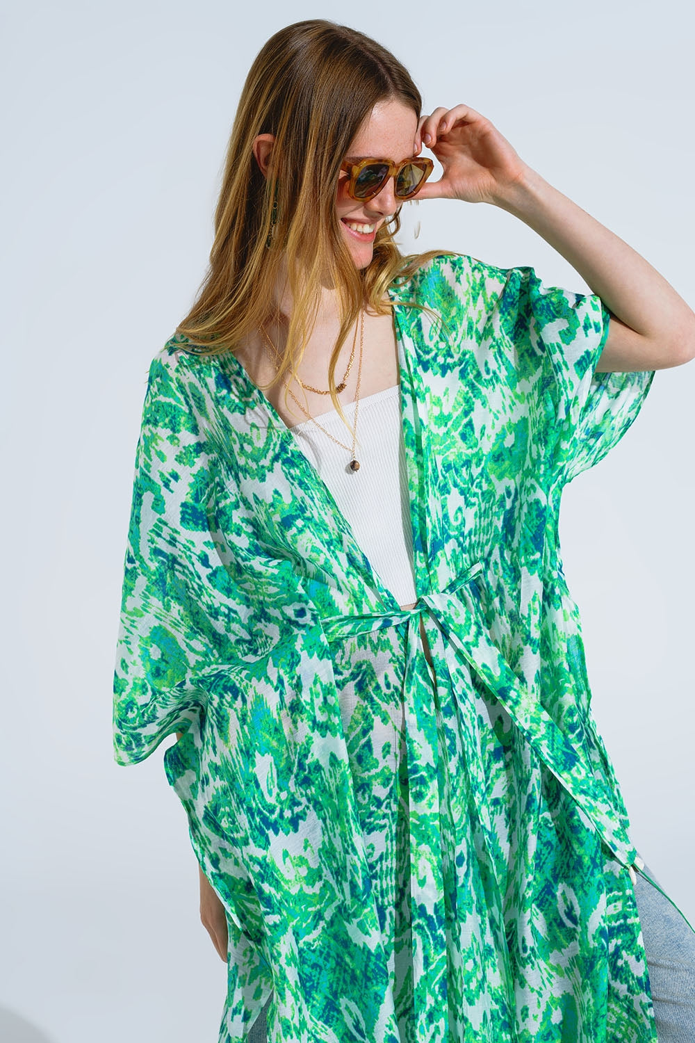 Green Long Kimono With Drawstring Closing in Tribal Print - kimono jacket