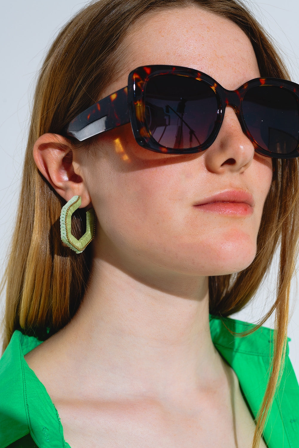 Green Hexagon Earrings With Golden Beads and Sequins