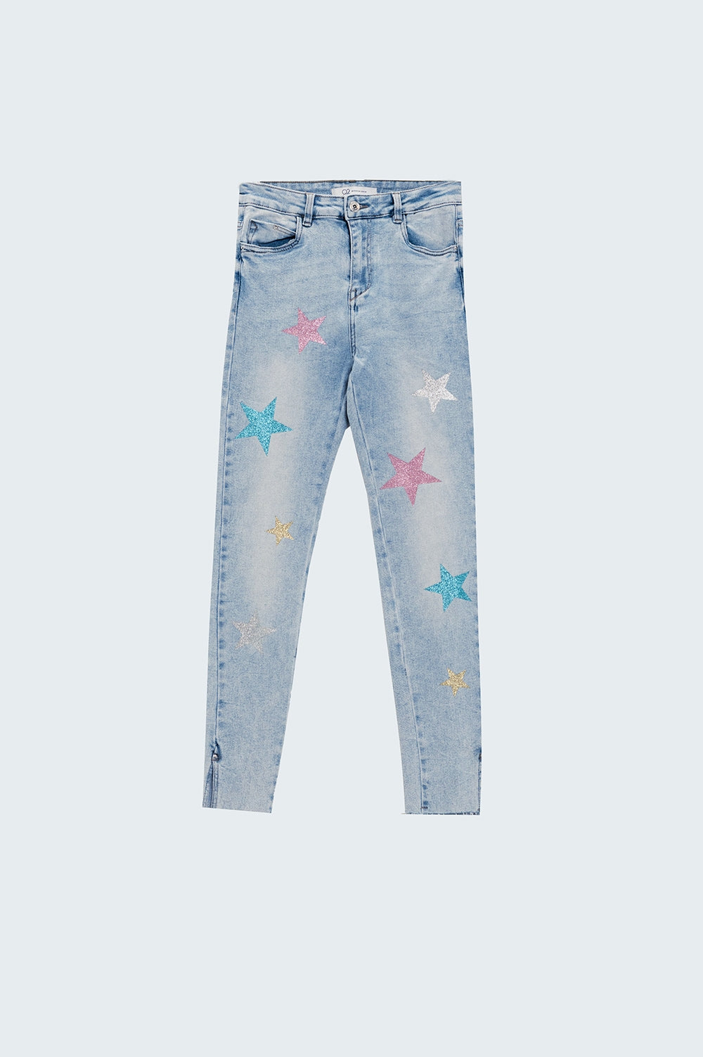 Light Wash Skinny Jeans With Stars On The Legs - Denim