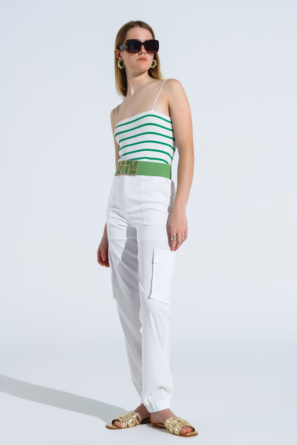 White satin Pants With Side Pockets And Belt Hoops - trousers
