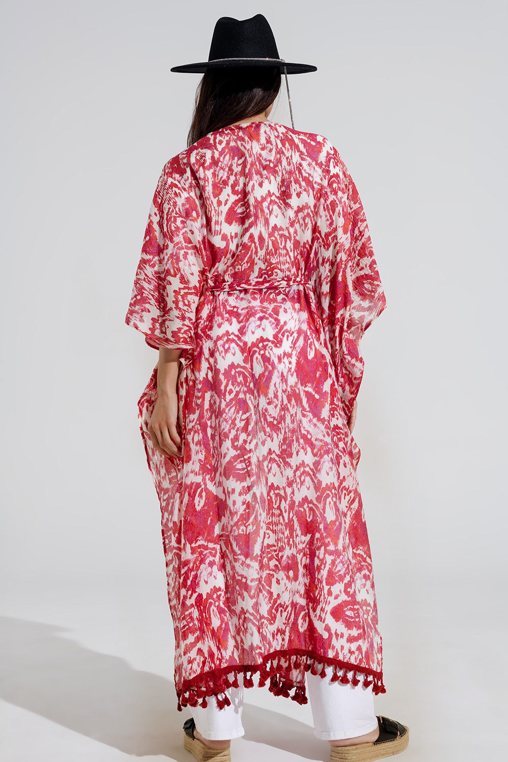Red Long Kimono With Drawstring Closing in Tribal Print - kimono jacket