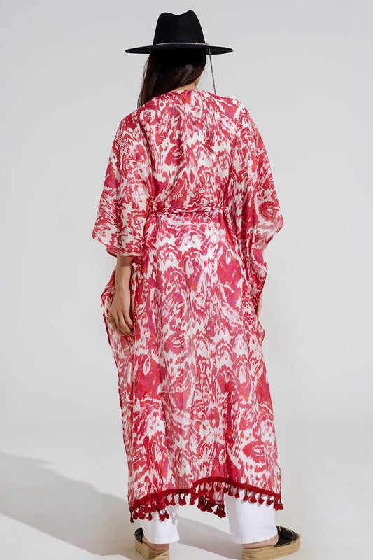 Red Long Kimono With Drawstring Closing in Tribal Print - kimono jacket