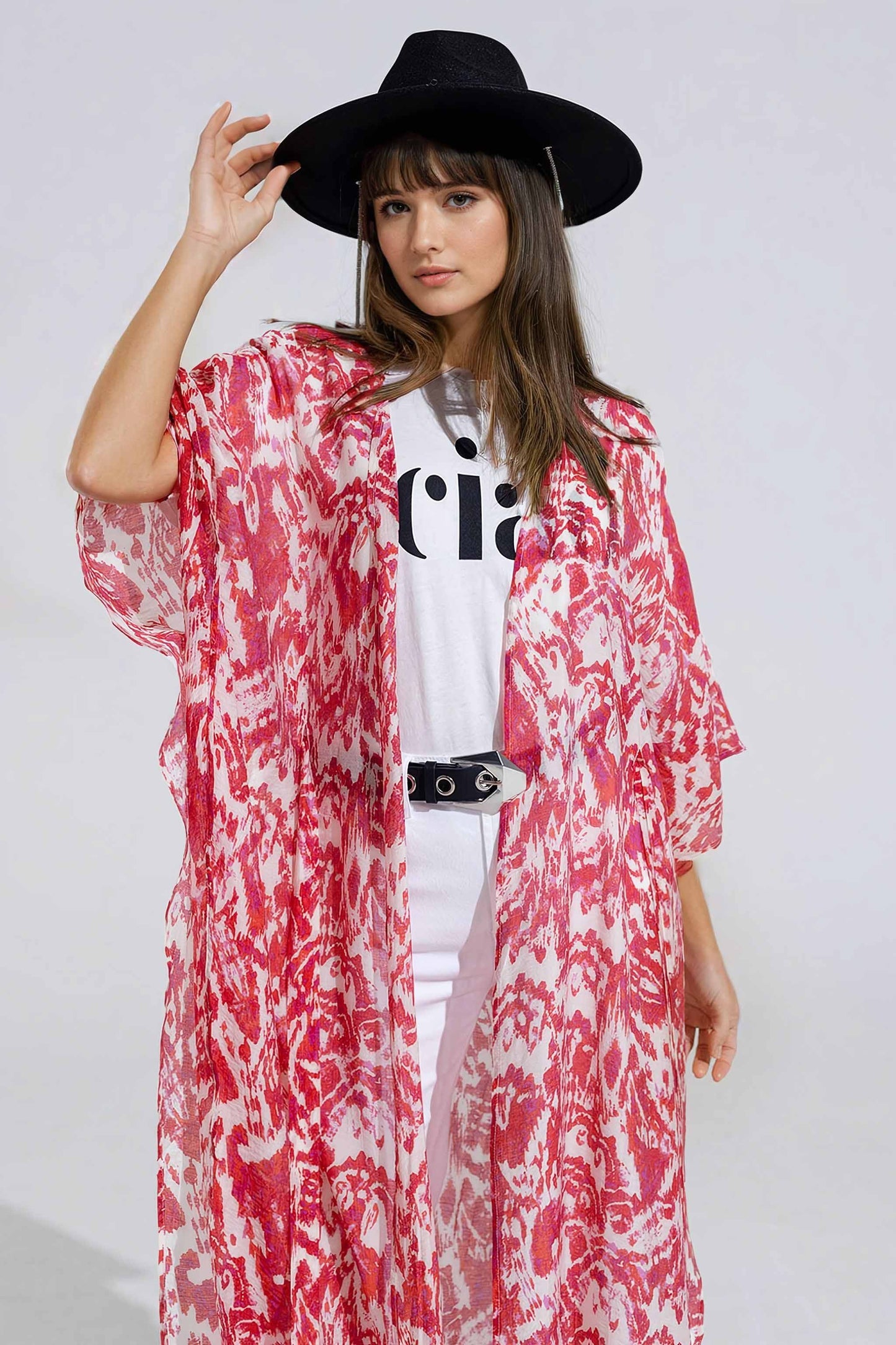 Red Long Kimono With Drawstring Closing in Tribal Print - kimono jacket