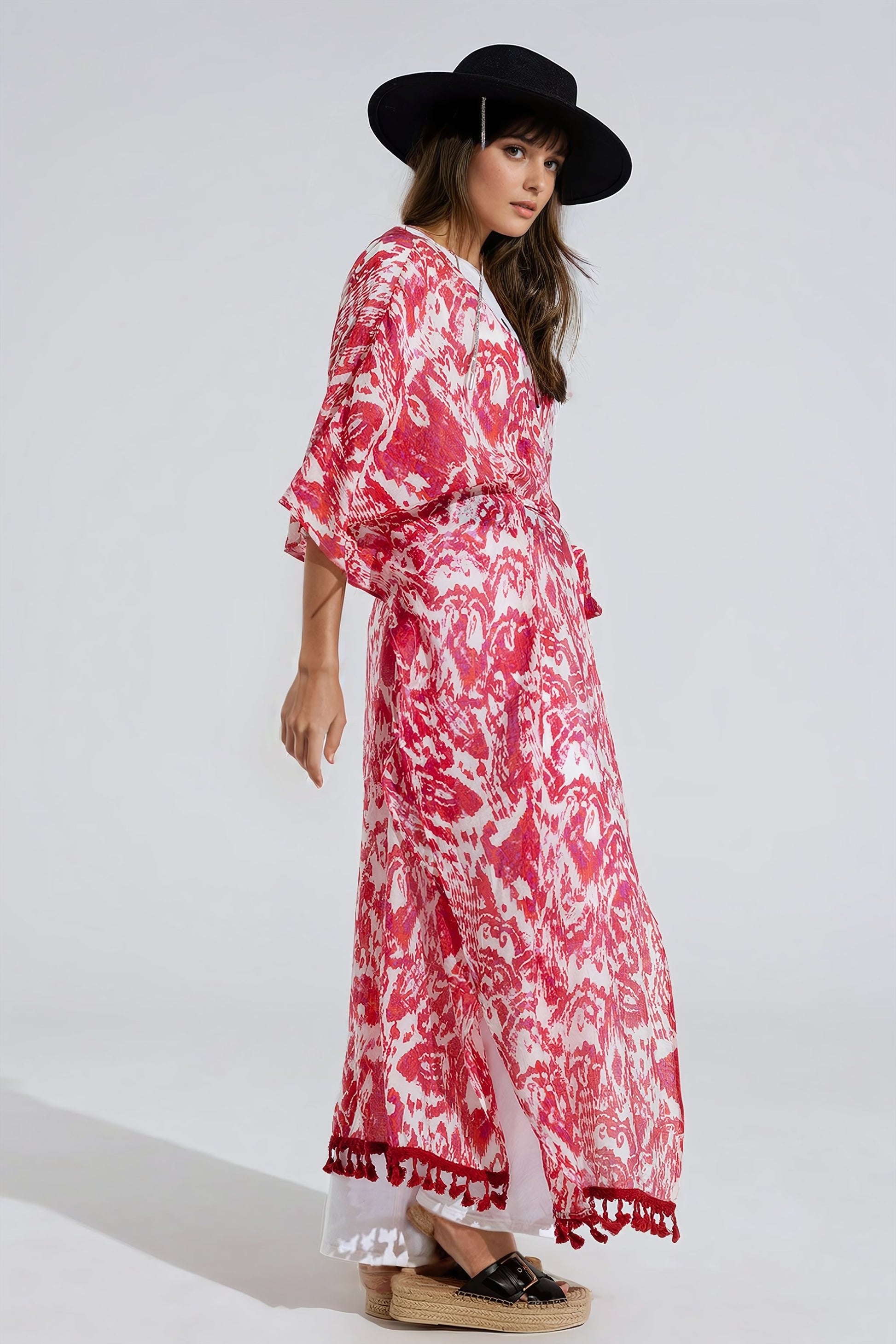 Red Long Kimono With Drawstring Closing in Tribal Print - kimono jacket