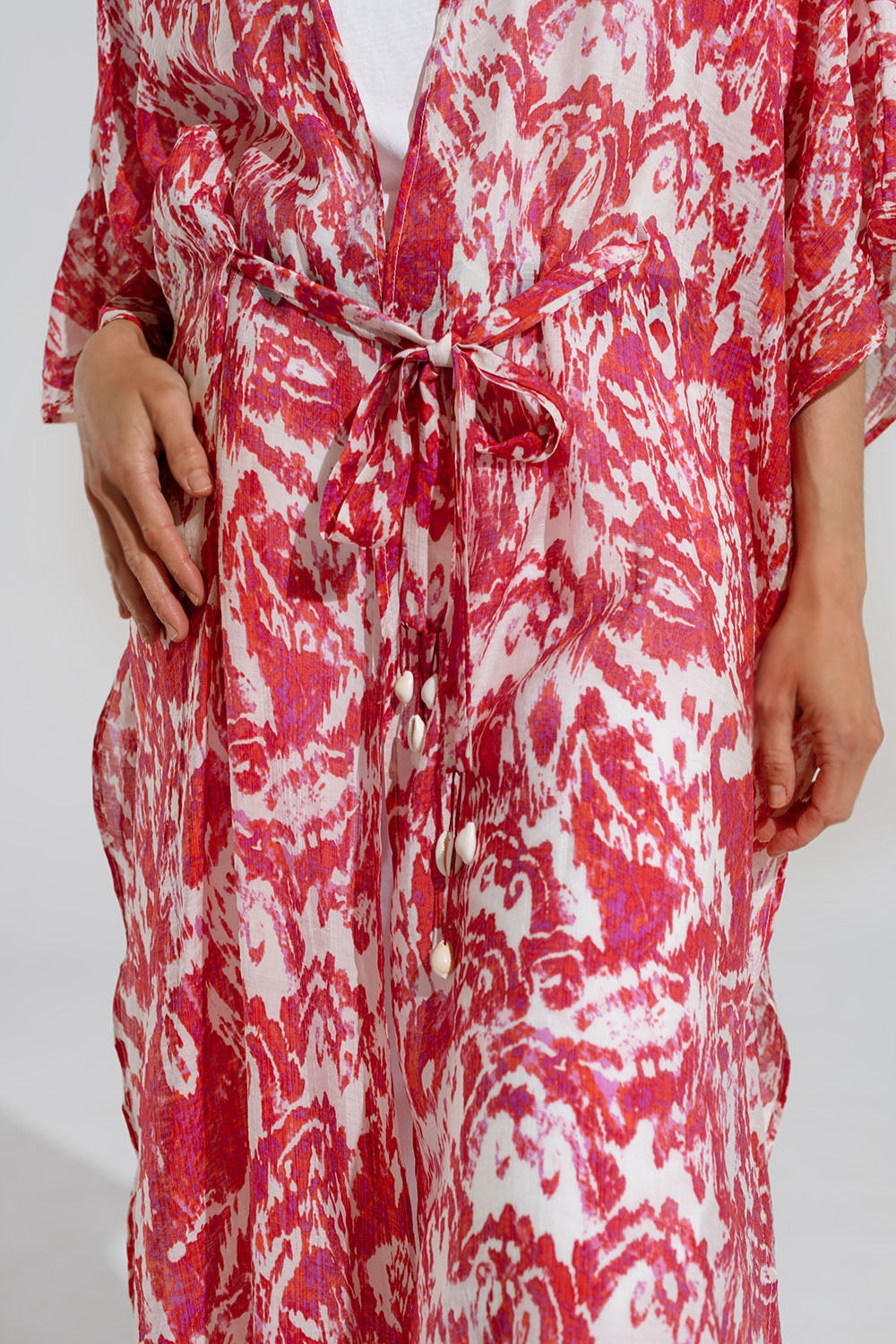 Red Long Kimono With Drawstring Closing in Tribal Print - kimono jacket