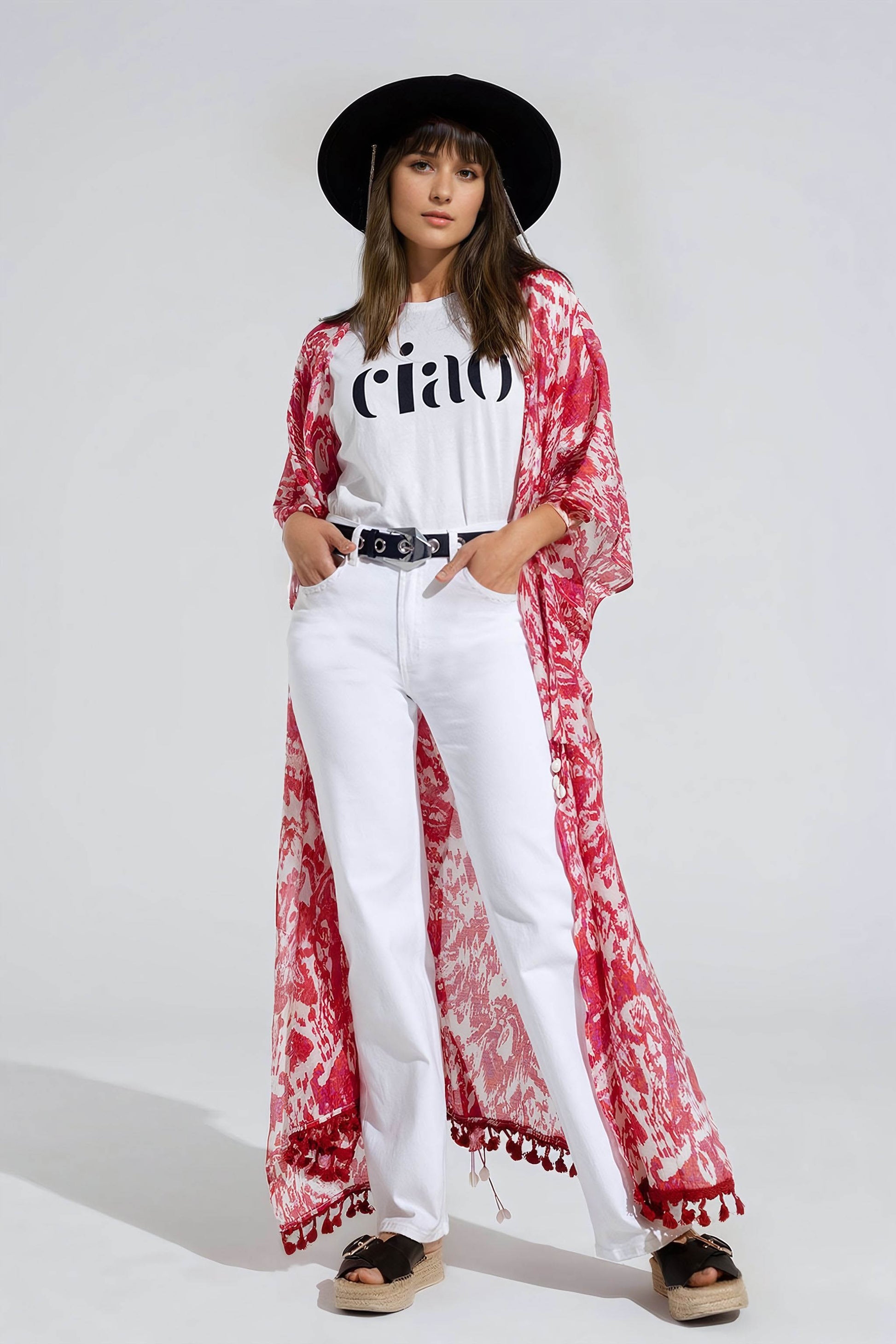 Red Long Kimono With Drawstring Closing in Tribal Print - kimono jacket