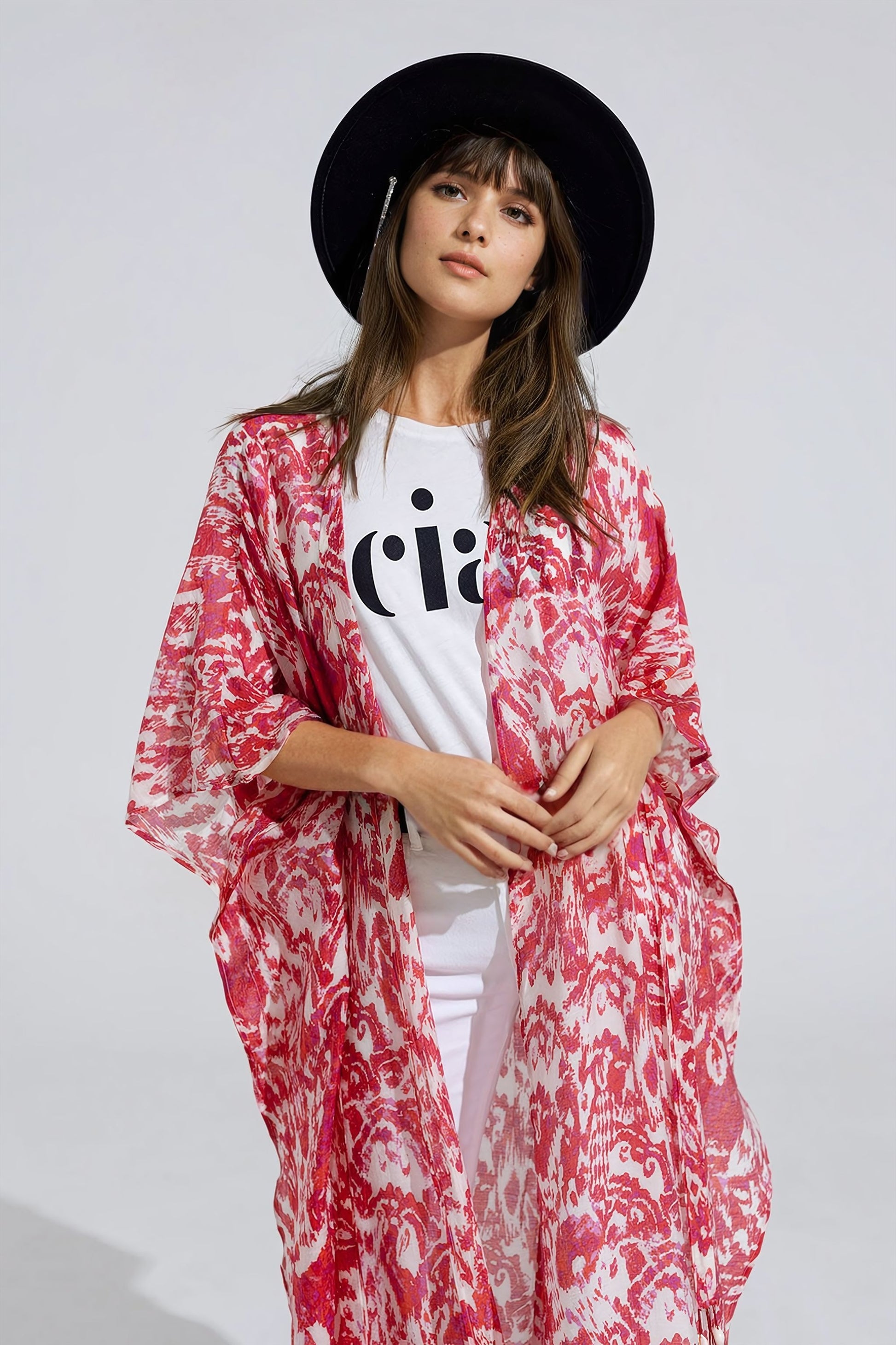 Red Long Kimono With Drawstring Closing in Tribal Print - kimono jacket