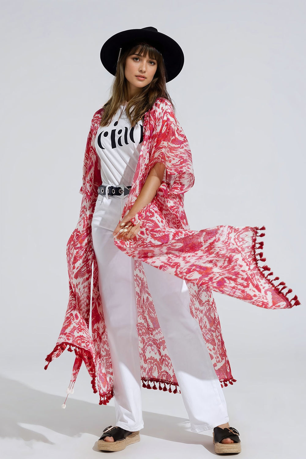 Red Long Kimono With Drawstring Closing in Tribal Print