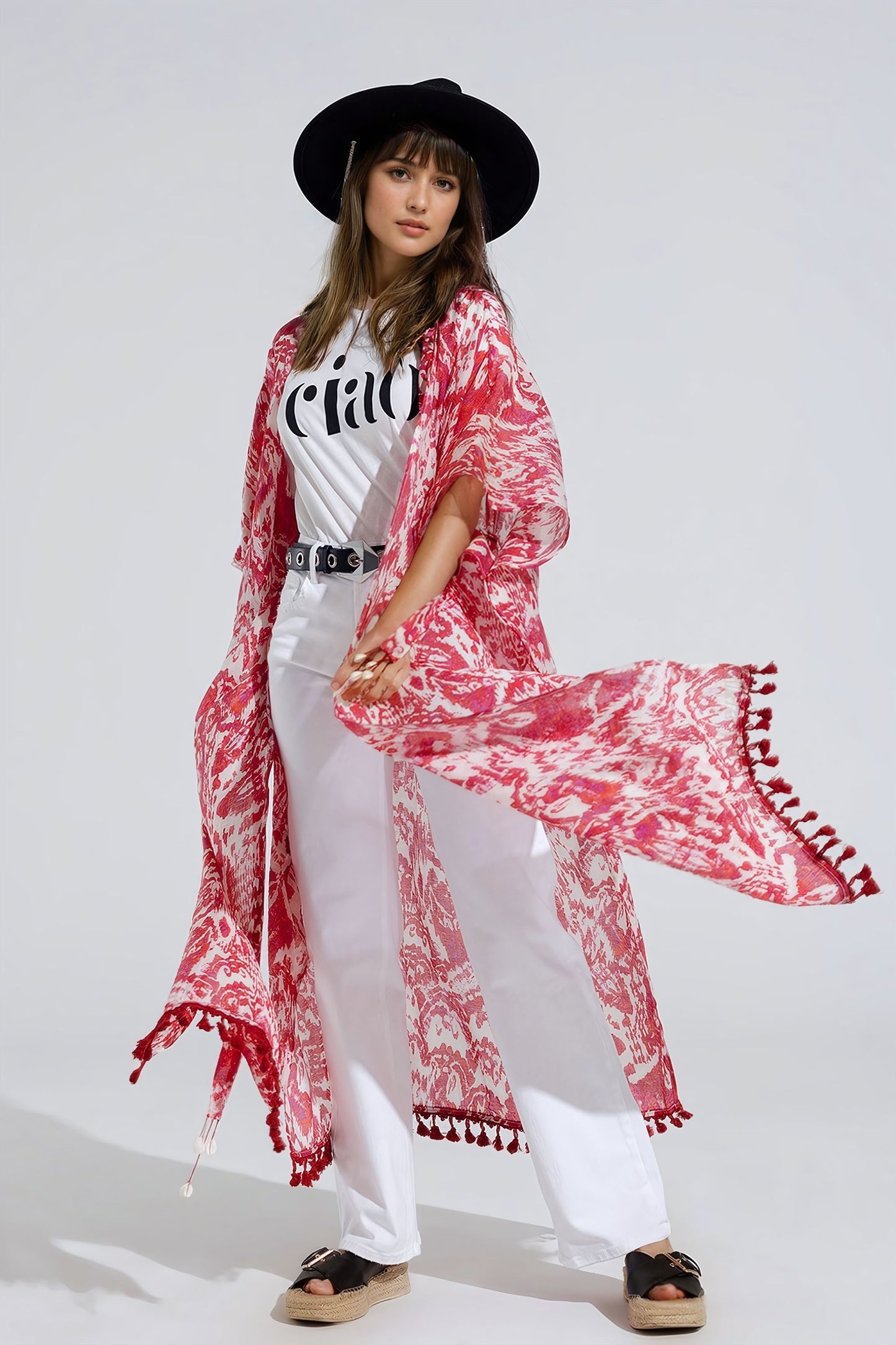 Red Long Kimono With Drawstring Closing in Tribal Print - kimono jacket