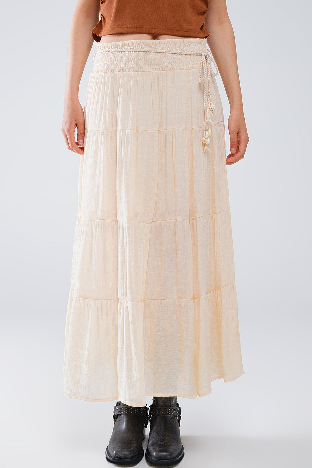 Tiered Maxi Skirt In Beige With Elastic Waist And Shell Details - Skirts