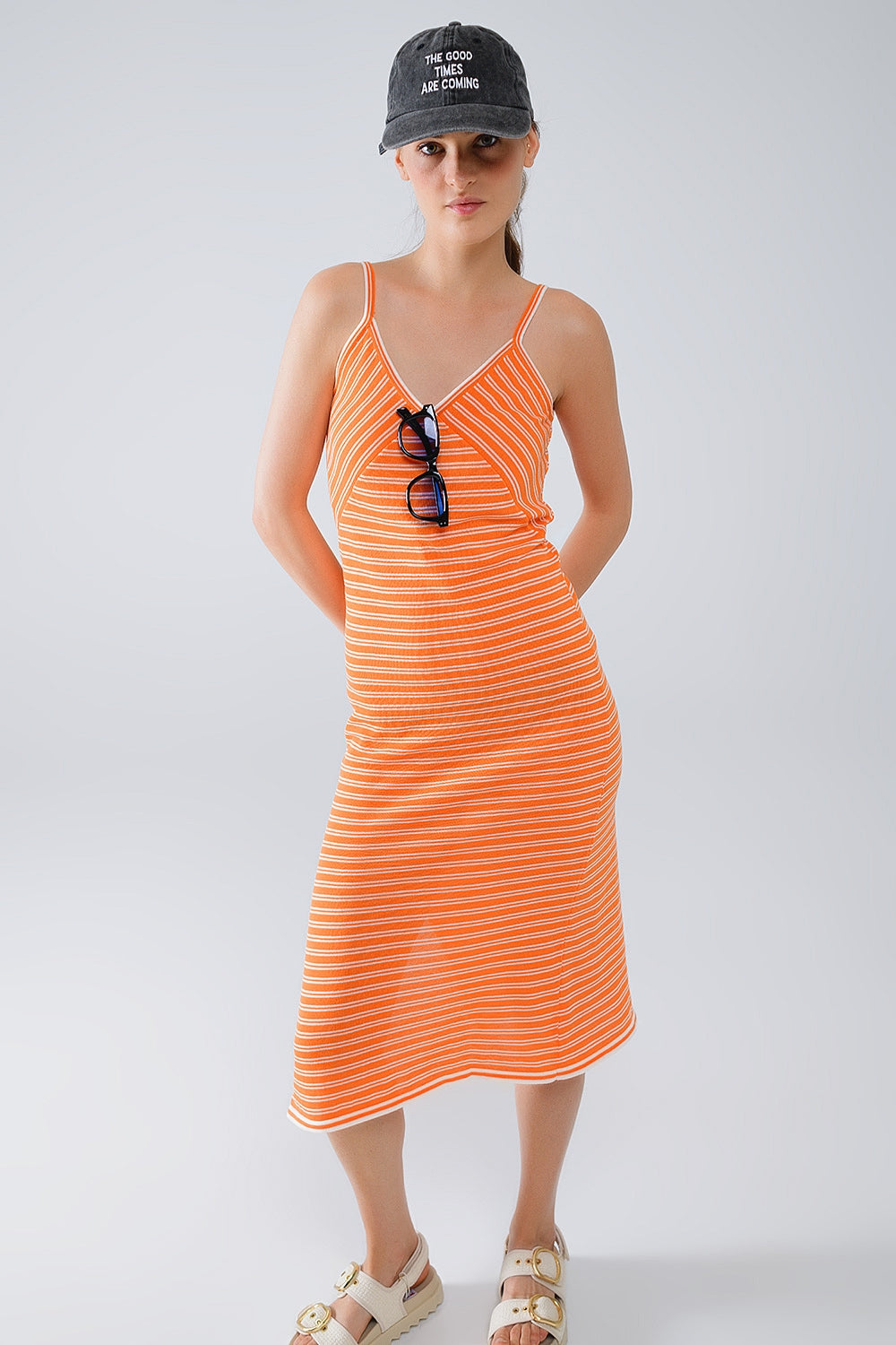 Orange Midi Dress With Stripes And Spaghetti Straps - dress