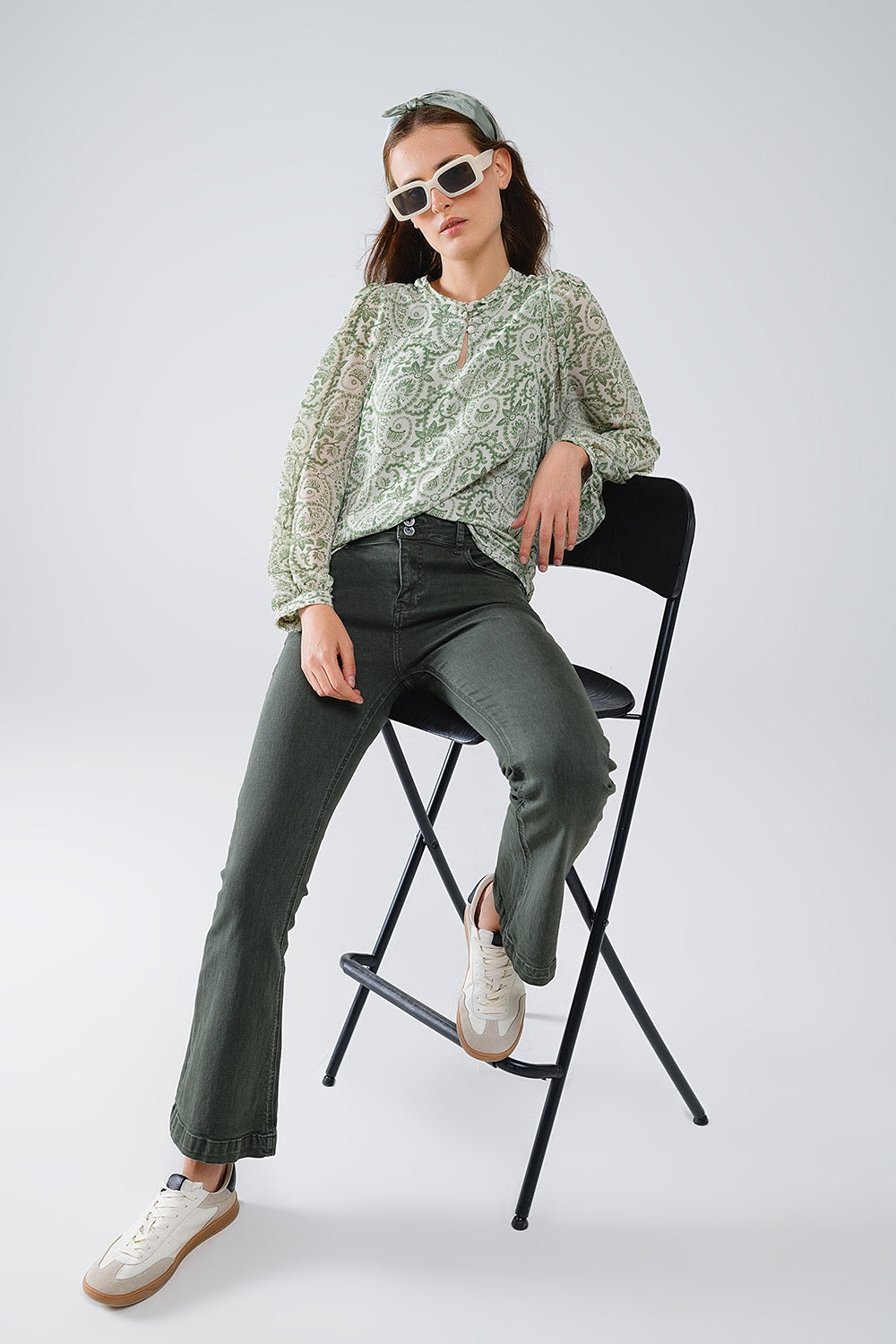 Green chiffon Blouse With Floral Print And Long Balloon Sleeves - Shirts