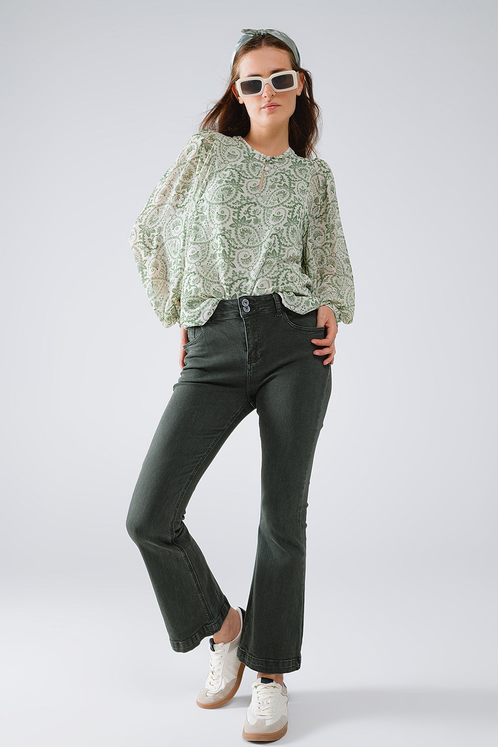 Green chiffon Blouse With Floral Print And Long Balloon Sleeves - Shirts