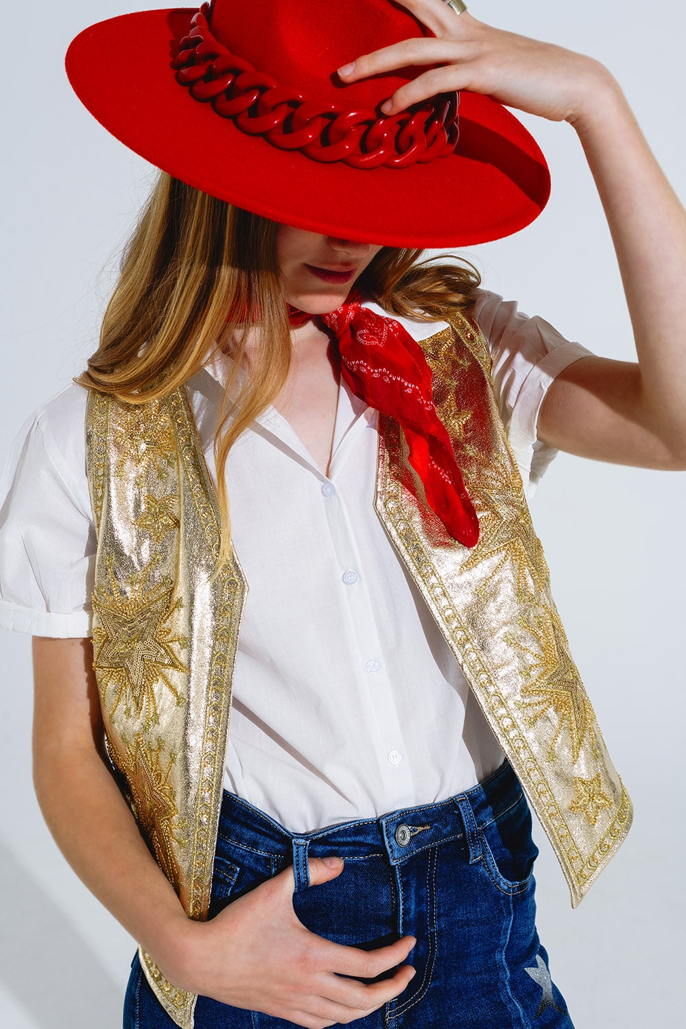 Open Vest With Embroidered Stars in Gold - blazer