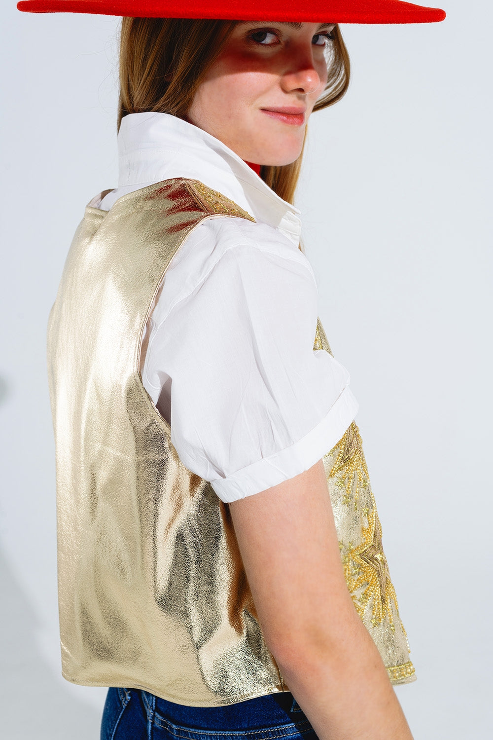 Open Vest With Embroidered Stars in Gold - blazer