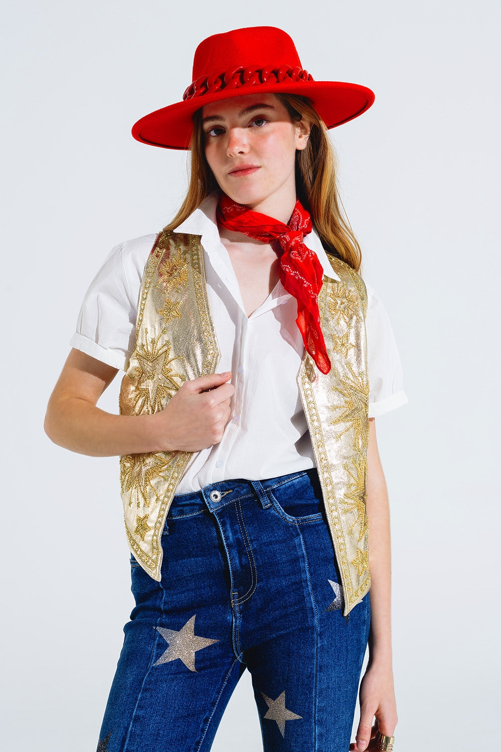 Open Vest With Embroidered Stars in Gold - blazer