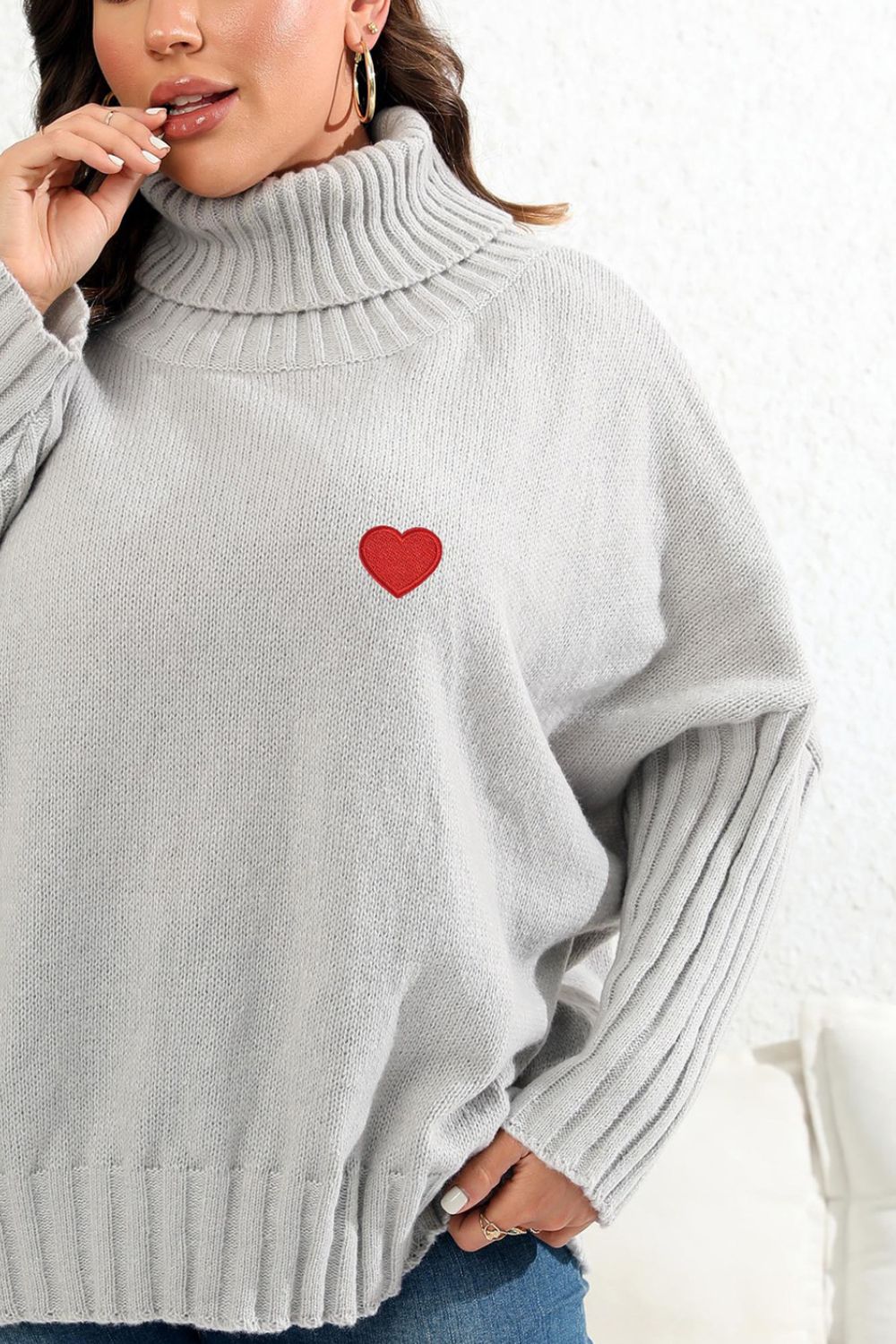 Plus Size Turtle Neck Jumper with Heart Patch - Sweaters