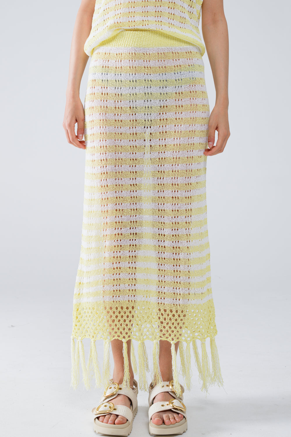 Midi Crochet White Skirt With Yellow Stripes and Fringe Hem