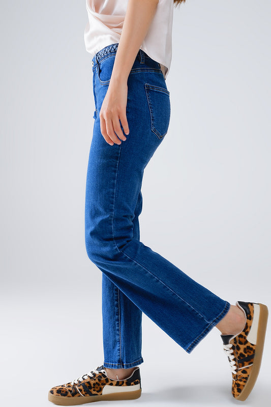 Basic Dark Blue Denim Jeans With Braid Detail At Waist - Denim