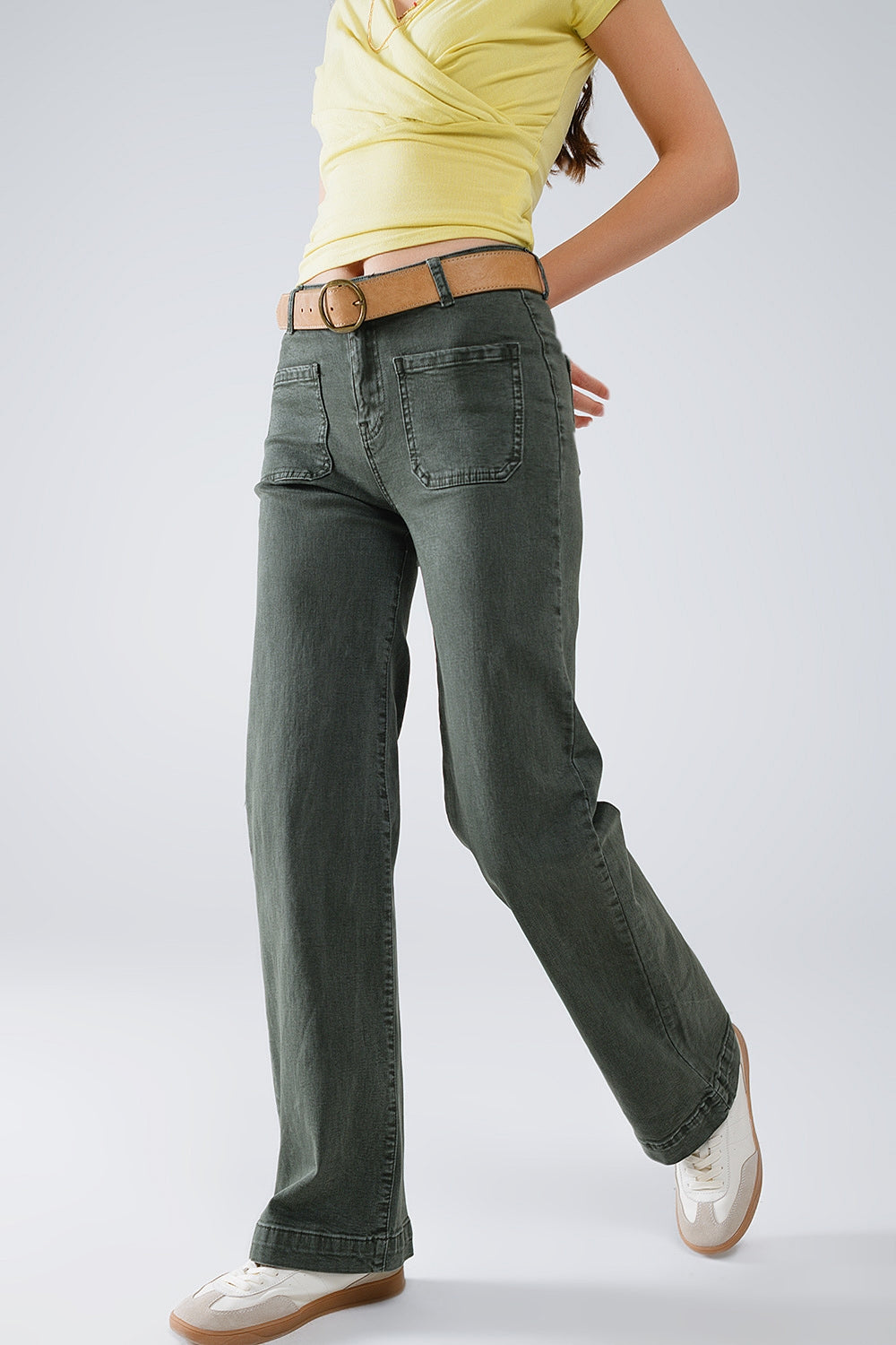 high waisted front pockets flare jeans in dark khaki - Coloured Jeans