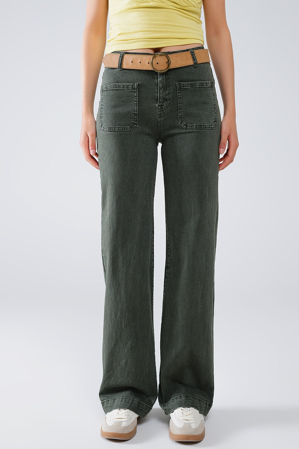 high waisted front pockets flare jeans in dark khaki - Coloured Jeans