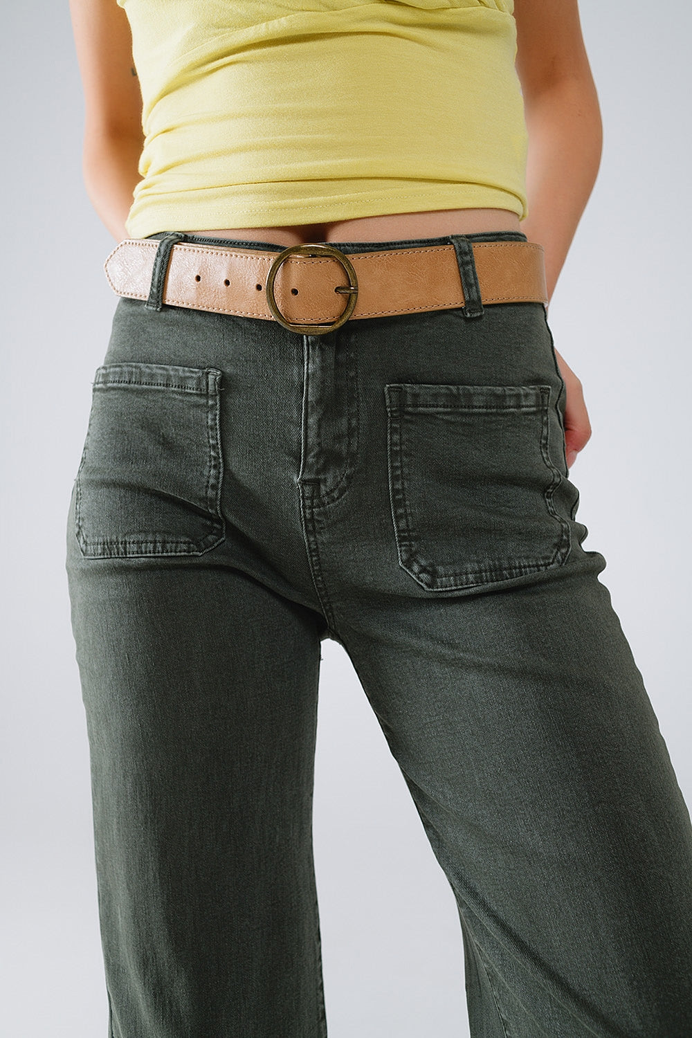 high waisted front pockets flare jeans in dark khaki - Coloured Jeans