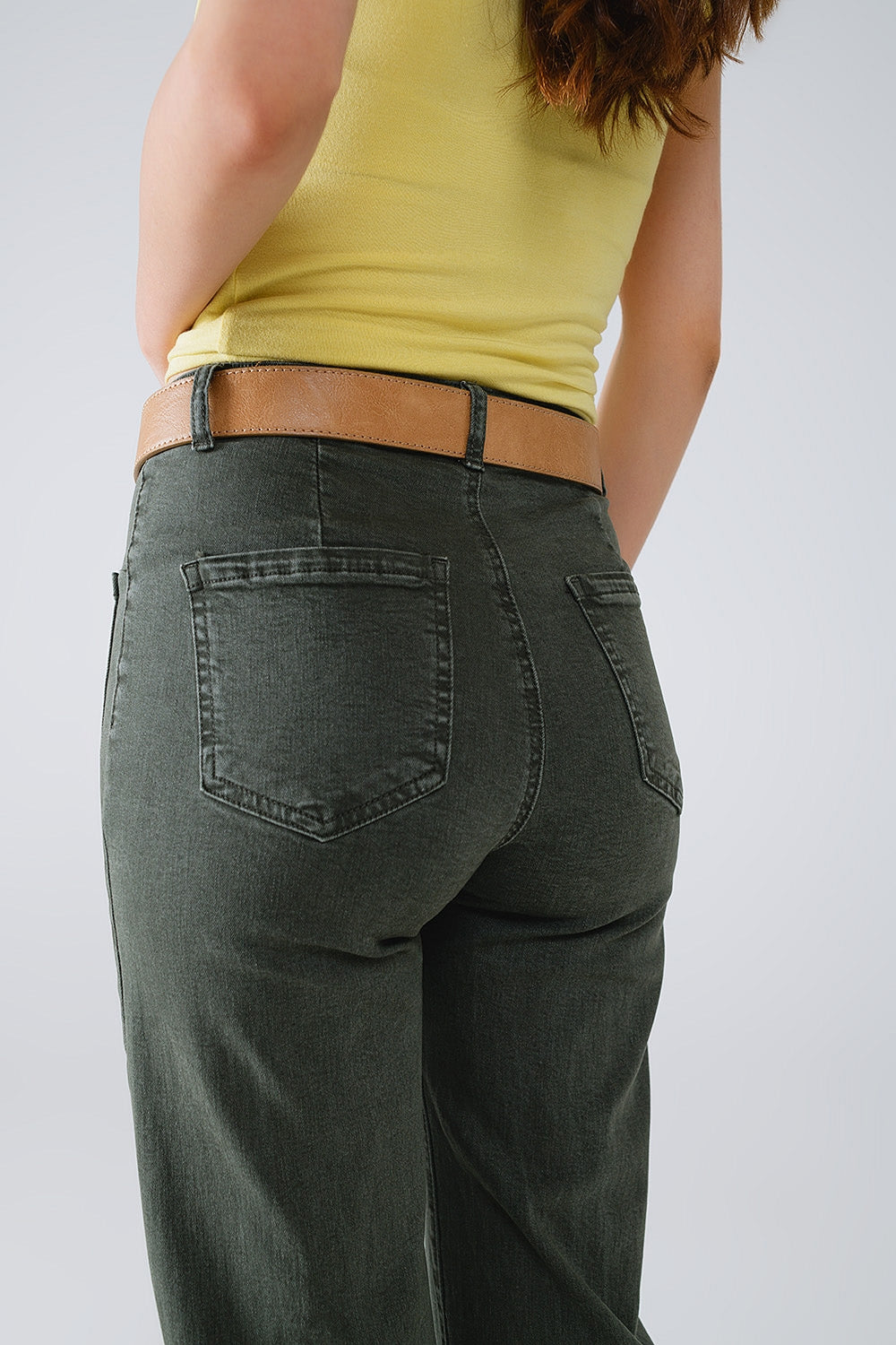 high waisted front pockets flare jeans in dark khaki - Coloured Jeans