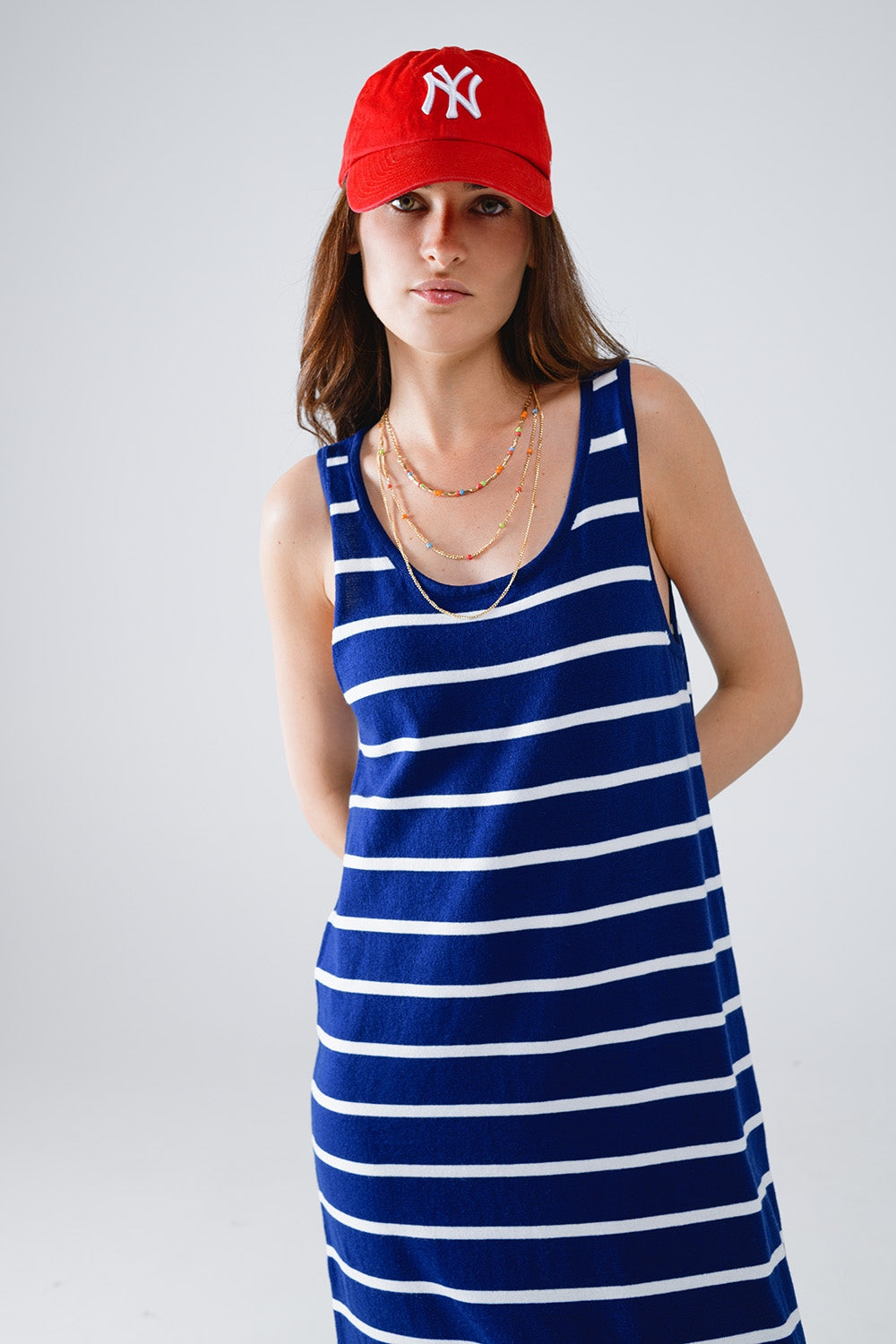 Tank maxi Dress With Scoop Neck In Navy With White Stripes - dress