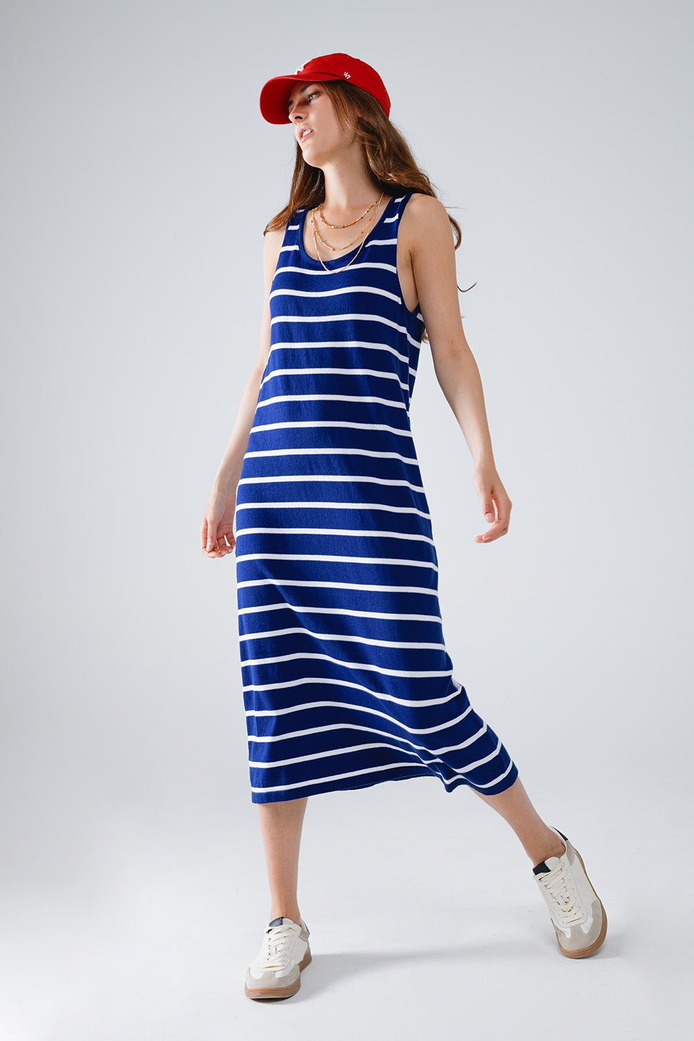 Tank maxi Dress With Scoop Neck In Navy With White Stripes - dress