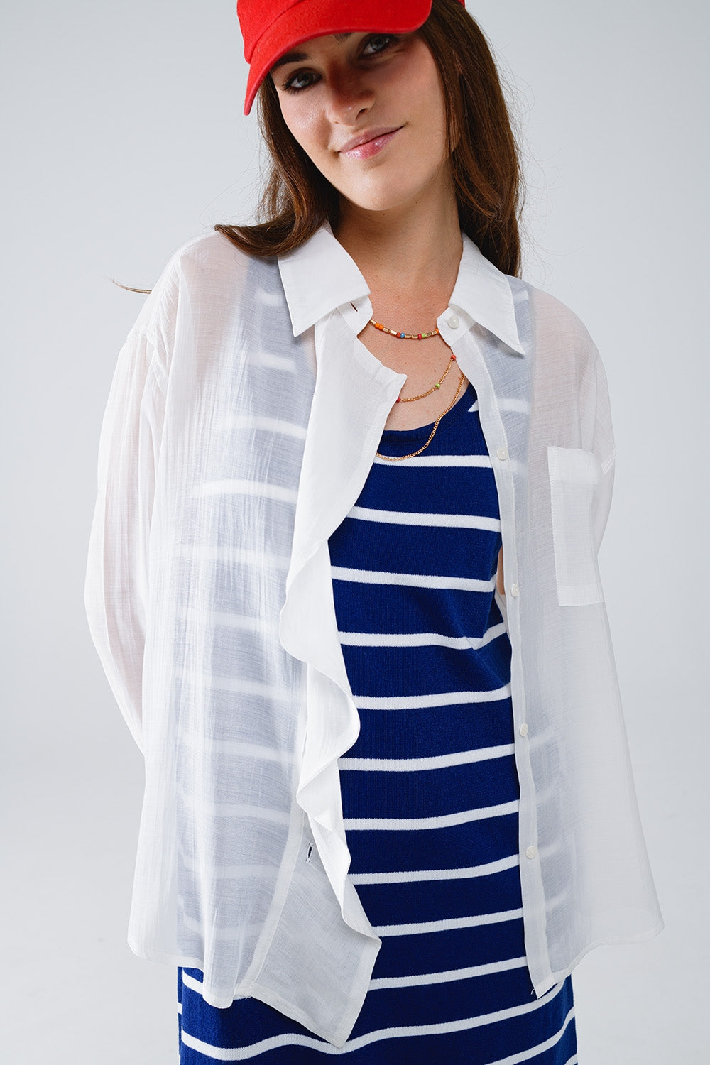 Semi Sheer White Blouse With Ruffle Detail Down The Front - Shirts