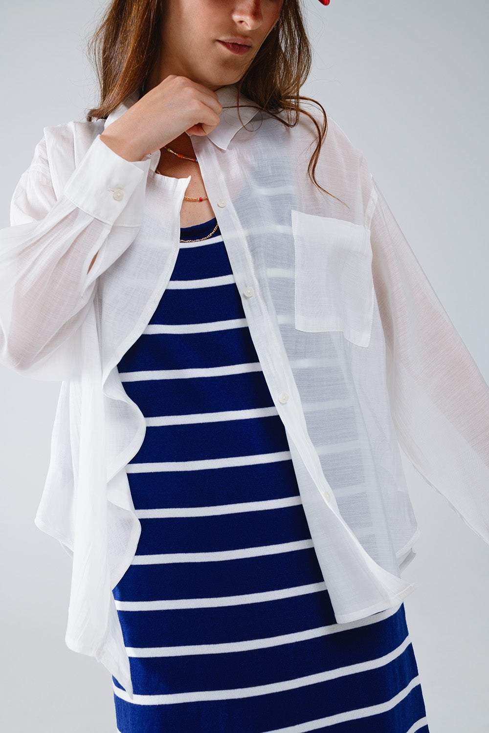 Semi Sheer White Blouse With Ruffle Detail Down The Front - Shirts
