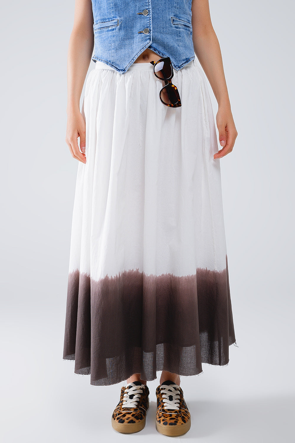 Flowy Drop Waist White Skirt With Brown Ombre Detail