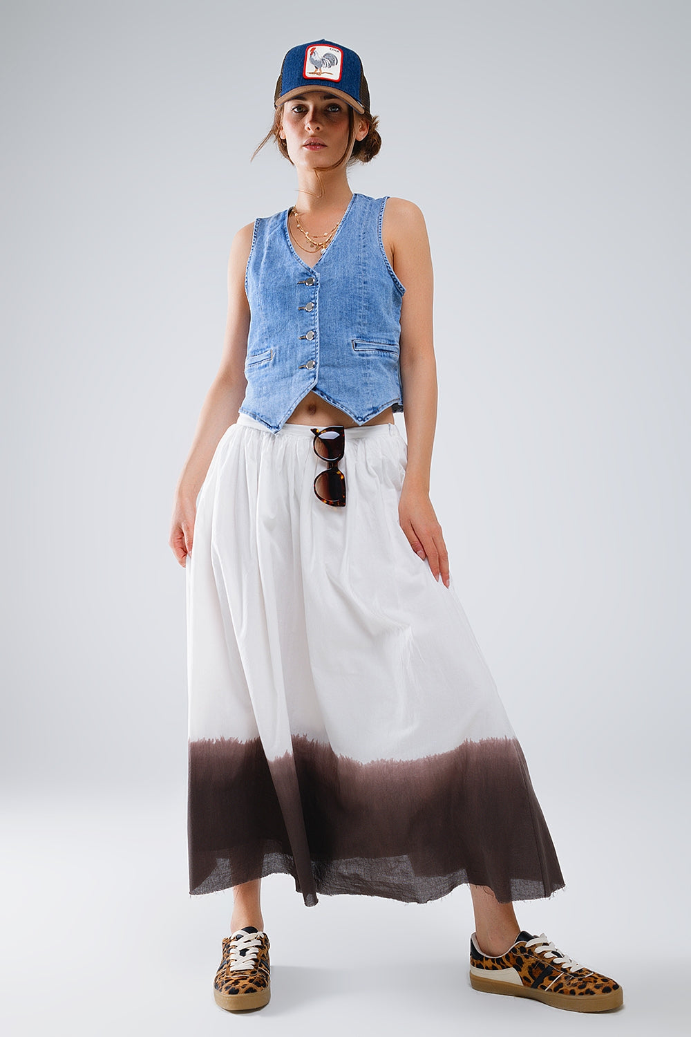 Denim Vest With Button Placket In Mid Wash