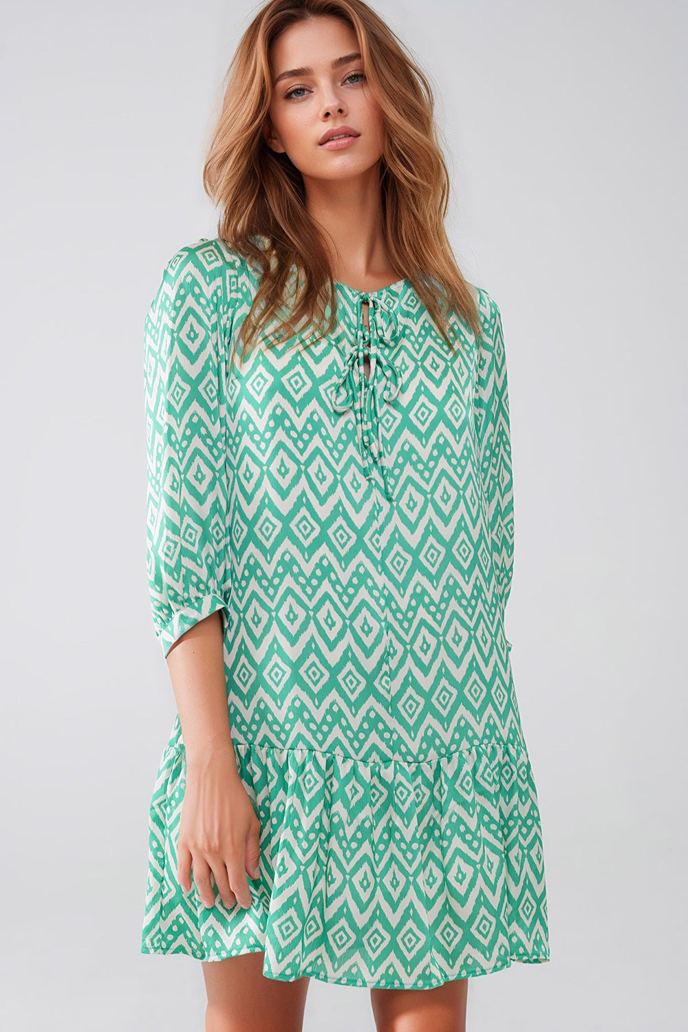 Short Dress With Tie At The Front Details in Ethnic Green Print - dress