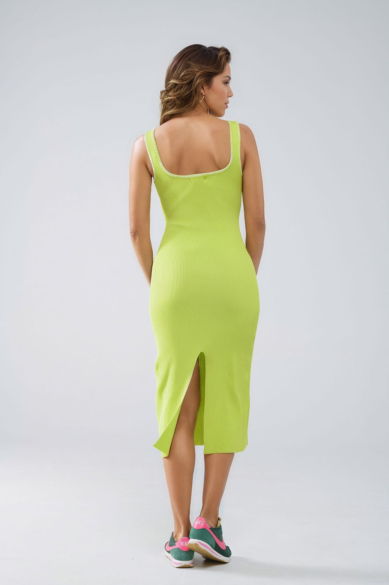 A-line Summer Body Hugging Dress in Lime Green With White Trim - dress
