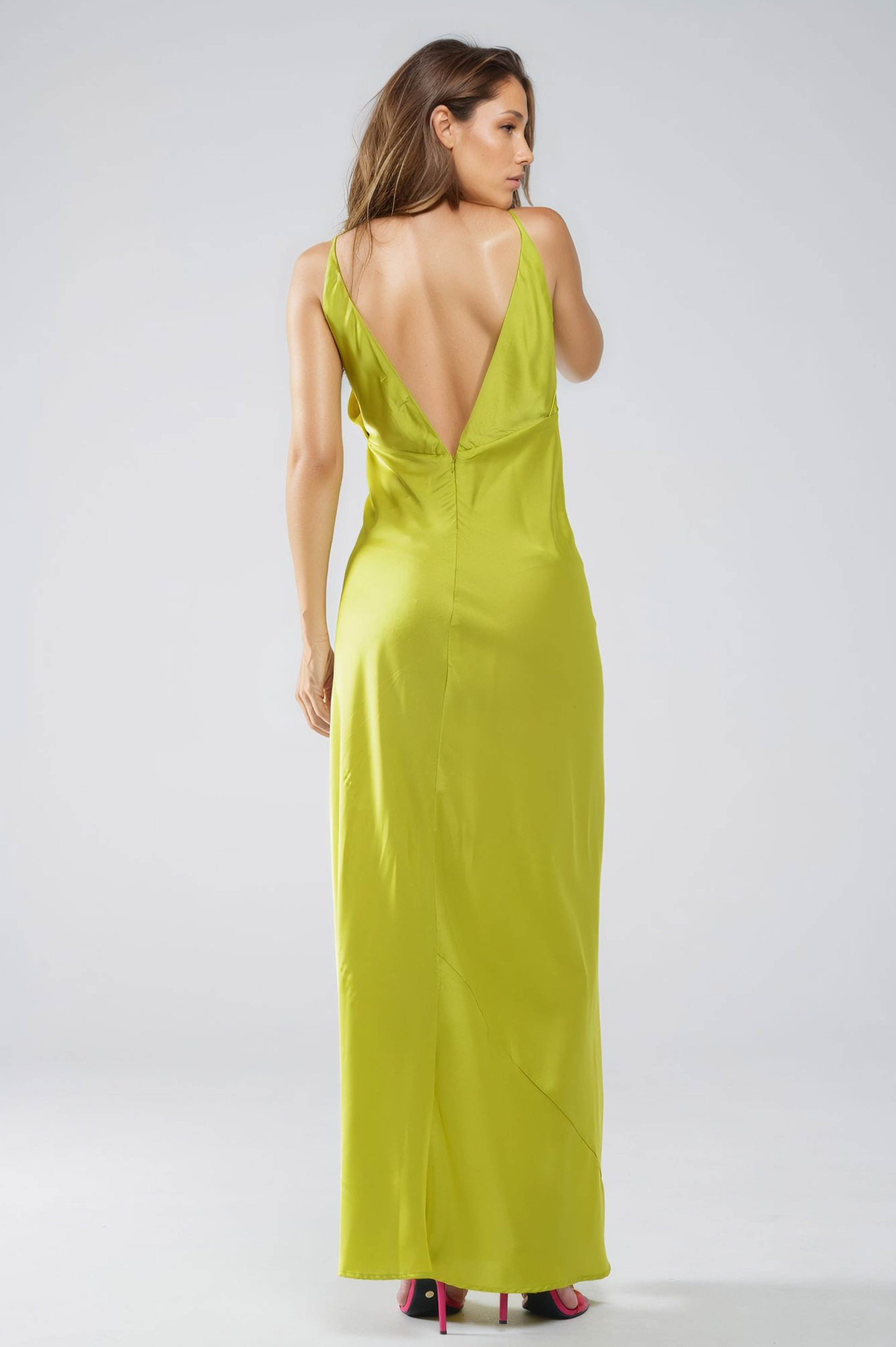 Satin Maxi Dress With Spaghetti Straps in Lime Green - dress