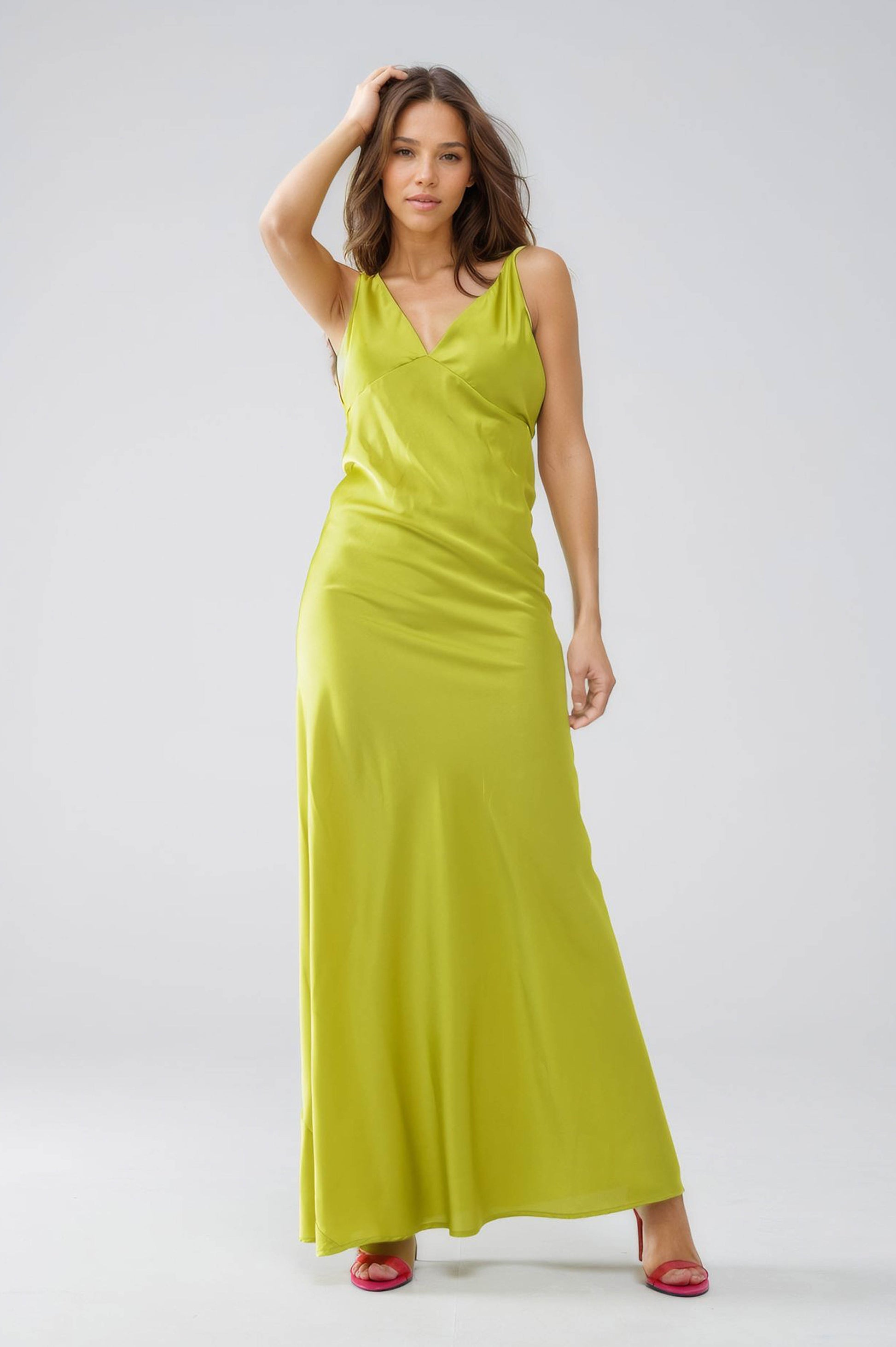 Satin Maxi Dress With Spaghetti Straps in Lime Green - dress