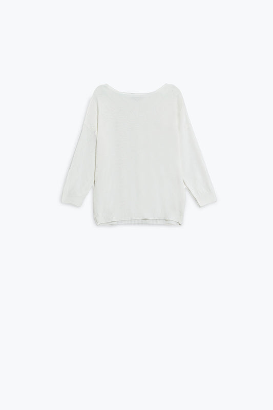 White Sweater In Argyle Print With Boat Neck - jumper