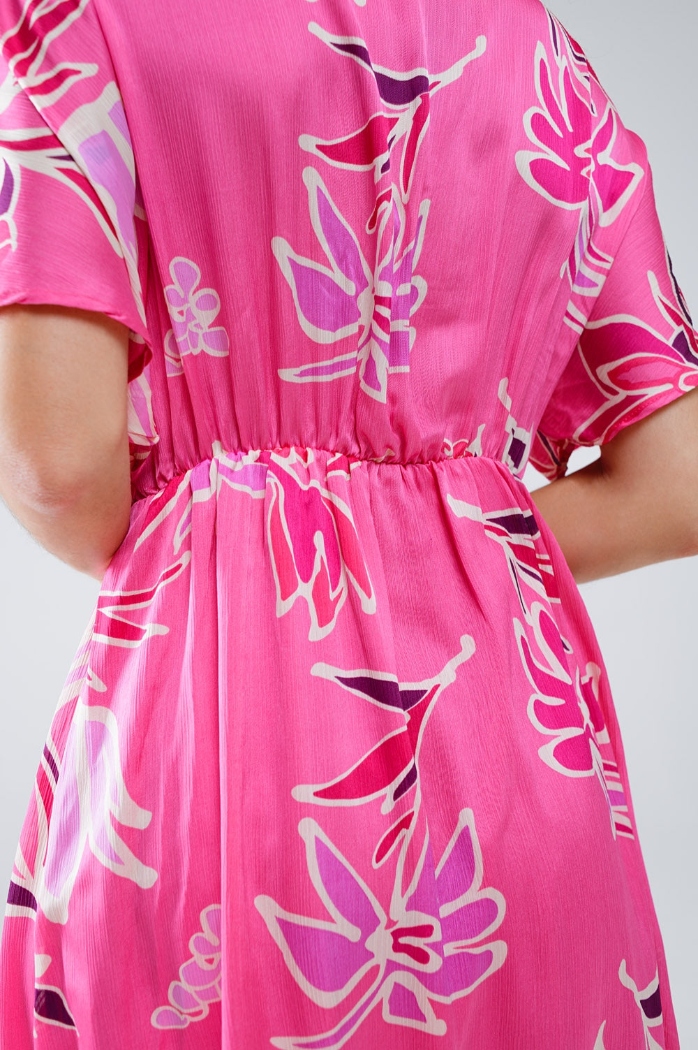 Pink Short Dress With Flower Print And V-neckline - dress