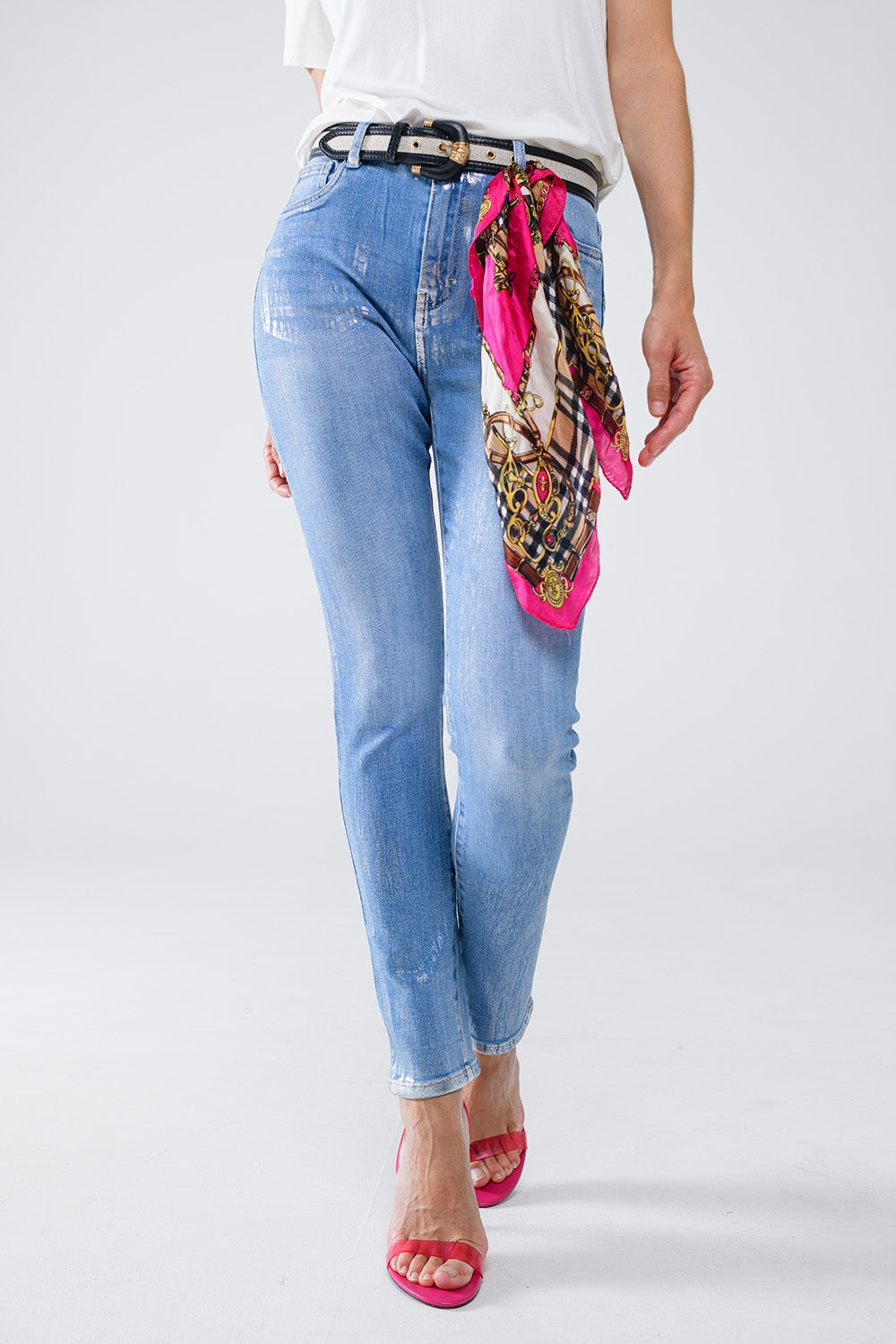 Super Skinny Denim Jeans With Metallic Effect - Denim