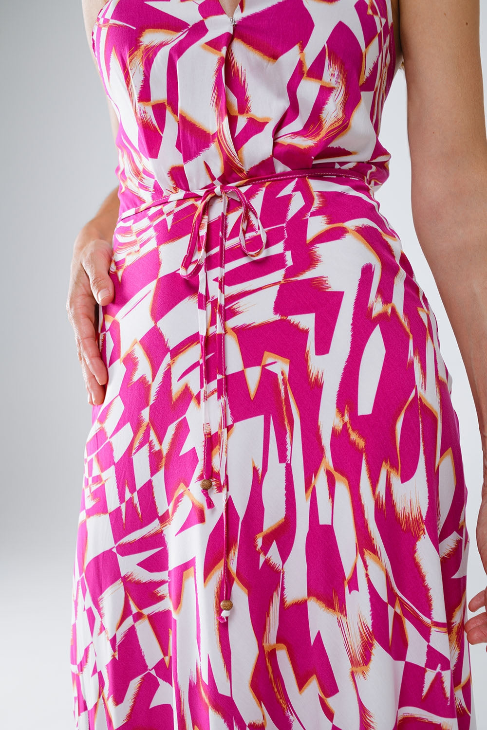 Halter Midi Dress with Cinched Waist In Abstract fuchsia and White Print - dress