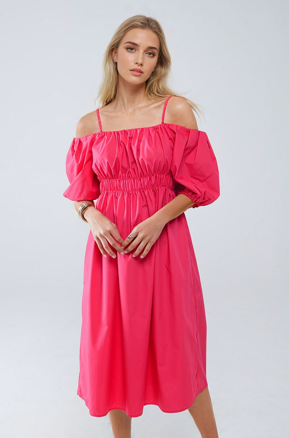 Midi fuchsia dress with short sleeves and straps - dress