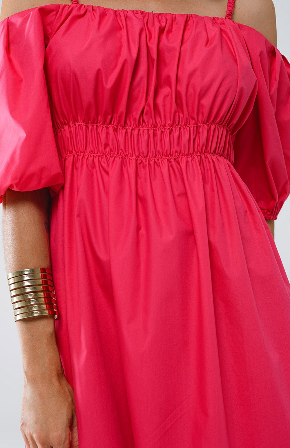 Midi fuchsia dress with short sleeves and straps - dress