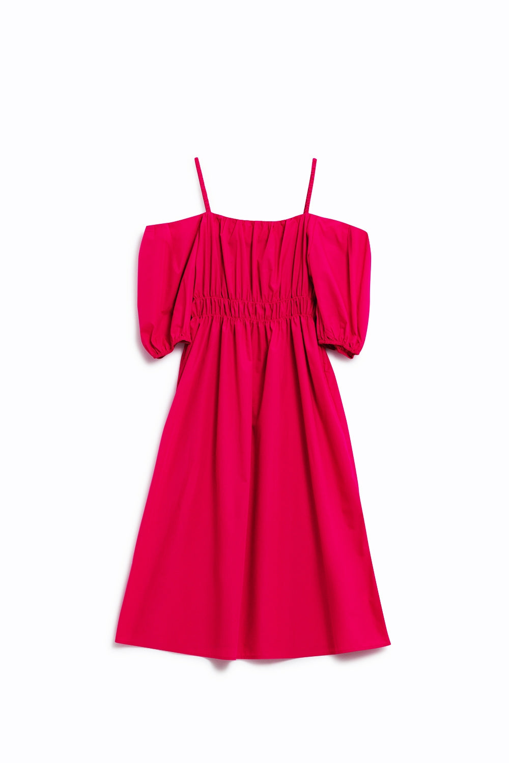 Midi fuchsia dress with short sleeves and straps - dress