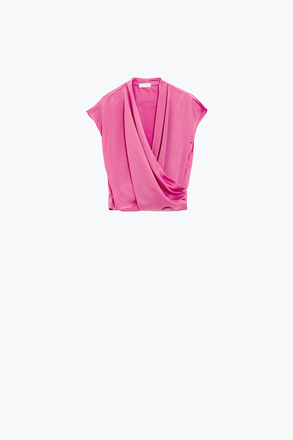 Fuchsia Crossed Silk Top With V-neck and Short Sleeves - top
