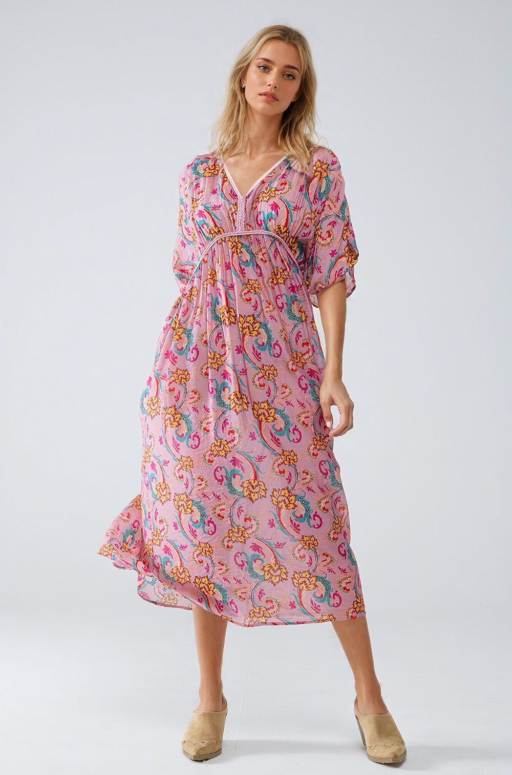Maxi Dress In Pink With Braided Seams And Flower Print - dress