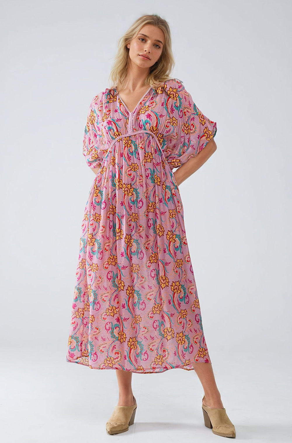 Maxi Dress In Pink With Braided Seams And Flower Print - dress