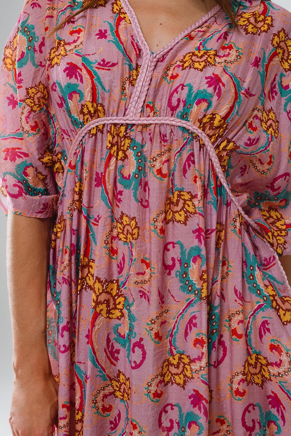 Maxi Dress In Pink With Braided Seams And Flower Print - dress
